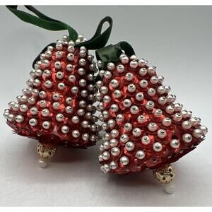 2 Vtg Beaded Sequin Push Pin Christmas Ornament Red Bell 70s MCM Mod Bell 3”